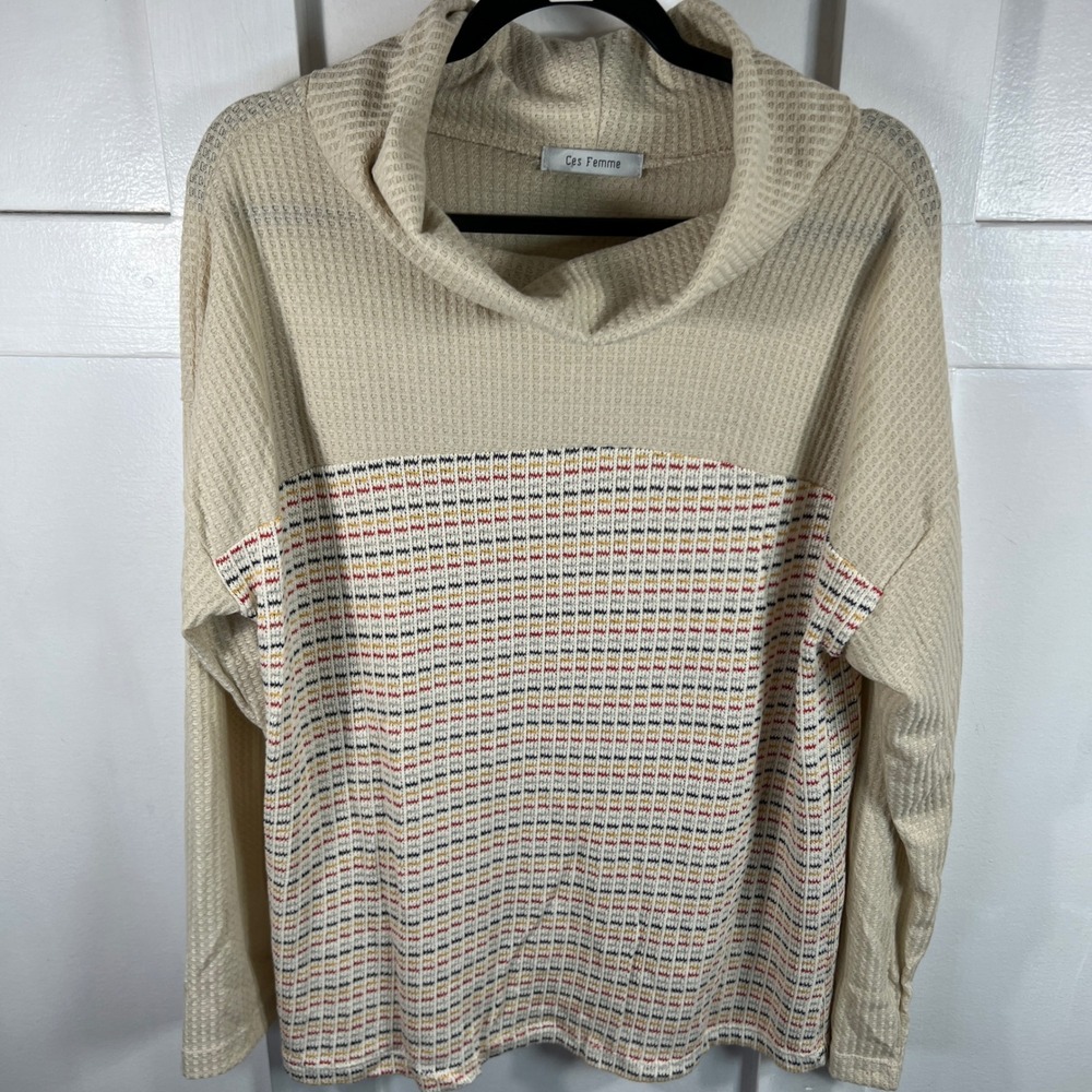 Ces Femme Waffle Knit Cowl Neck Striped Long Sleeve Top Cream Multi-Color